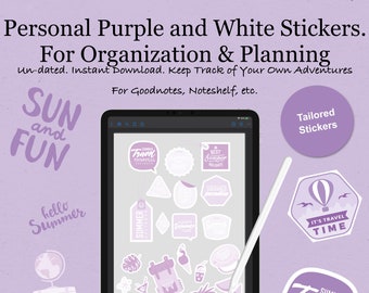 Purple and White Stickers for Planner. Travel and adventure decorations.