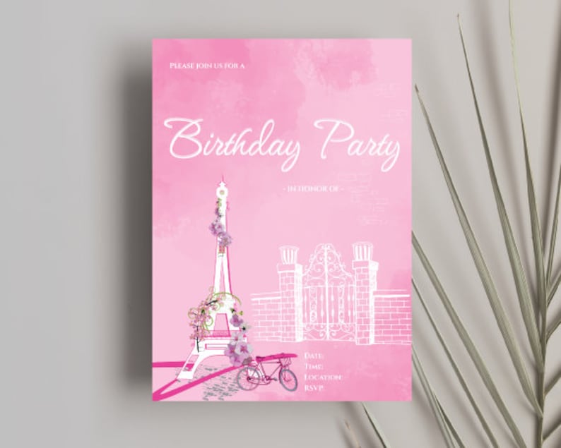 Printable, Customizable, Adult Women's Birthday Invites, Sophisticated, Elegant, Pink and White, Paris Theme image 1