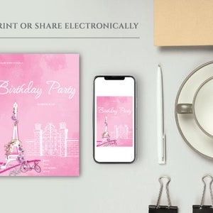 Printable, Customizable, Adult Women's Birthday Invites, Sophisticated, Elegant, Pink and White, Paris Theme image 3
