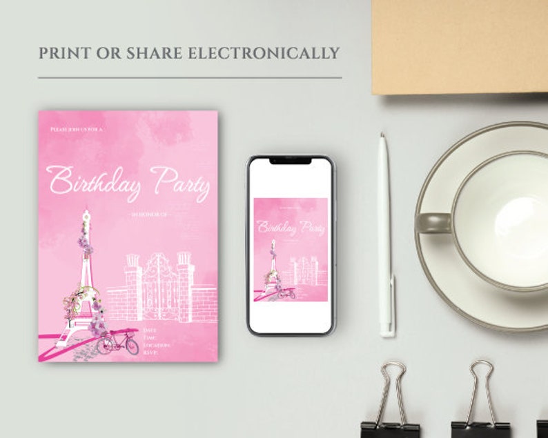 Printable, Customizable, Adult Women's Birthday Invites, Sophisticated, Elegant, Pink and White, Paris Theme image 3