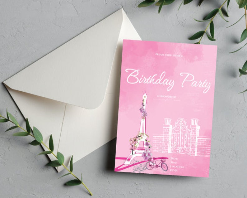 Printable, Customizable, Adult Women's Birthday Invites, Sophisticated, Elegant, Pink and White, Paris Theme image 2