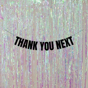 Pu&ograve; includere: Striscione nero con il testo "THANK YOU NEXT" appeso su uno sfondo iridescente scintillante.