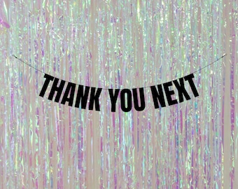 May include: Black banner with the text "THANK YOU NEXT" hanging against a shimmering iridescent background.
