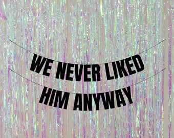 May include: Black banner with the text "WE NEVER LIKED HIM ANYWAY" hanging in front of a shimmering iridescent background.