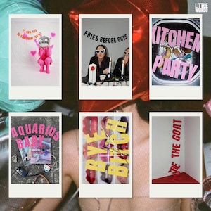Puede incluir: Seis fotos Polaroid con texto rosa y amarillo sobre un fondo blanco. Las fotos presentan frases como "Fries Before Guys", "Kitchen Party" y "Bye Bitch".