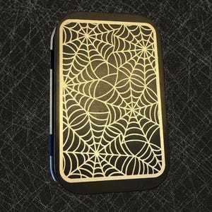 Engraved Stash Box, Black Metal with Silver Gothic Spider Web Etching