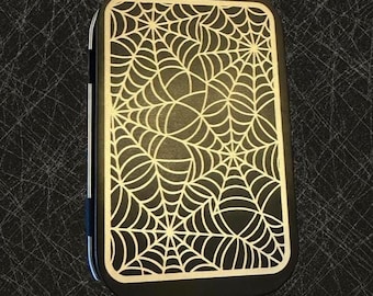Engraved Stash Box, Black Metal with Silver Gothic Spider Web Etching
