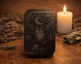 Fox Moon Tin, Black Metal with Two Sizes and Permanent Silver Engraving