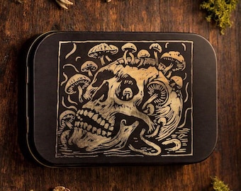 Engraved Art Tin, Black Metal Mushroom Skull Design, Two Sizes
