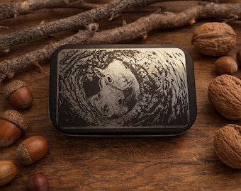 Engraved Art Tin, Black Metal Squirrel Scene - Two Sizes
