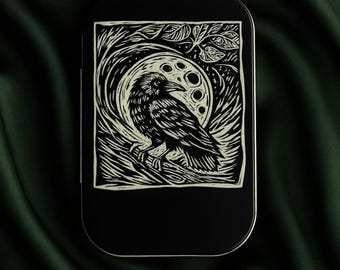 Engraved Art Tin, Black Metal Raven Moon Design, Two Size Options