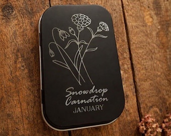 Birth Month Flower Keepsake Tin Box, Personalized Engraved Storage Container