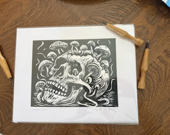 Mushroom Skull Print, Black And White 8x10in Linocut Wall Art