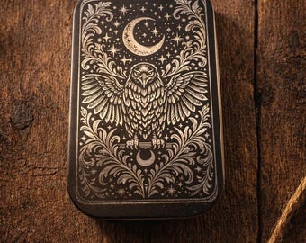 Engraved Tin with Mystical Raven Moon Design, Gothic Keepsake Box