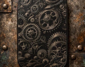 Steampunk Tin with Engraved Gearwork Design, Customizable Size Options