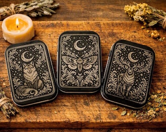 Engraved Keepsake Celestial Woodland Trio – Tin Set – Mystical Forest Spirits