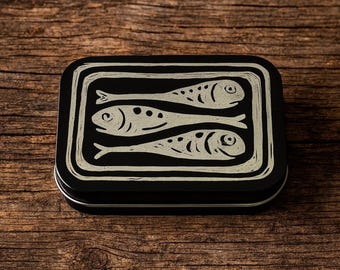 Travel Tin Box, Black Metal with Silver Sardine Engraving