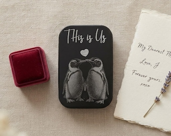 Engraved Art Tin, Black Metal Travel Storage with Kissing Penguins