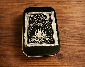 Metal Stash Box, Black Engraved Travel Container with Pagan Moon Artwork