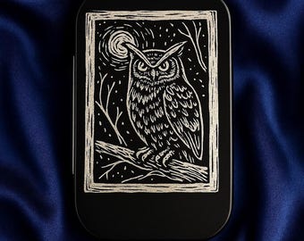 Engraved Art Tin, Black Metal Owl Moon Design - Travel Storage