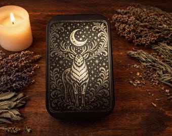 Stag Moon Engraved Tin Black Metal Storage Box