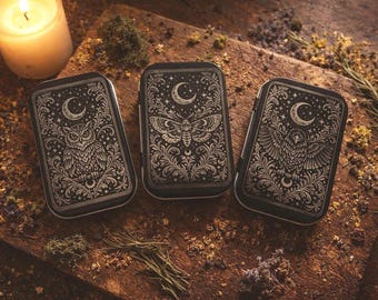 Engraved Keepsake Celestial Winged Woodland Trio – Tin Set – Mystical Forest Spirits
