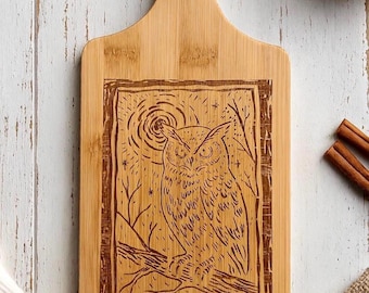 Engraved Bamboo Cutting Board with Owl Moon Design