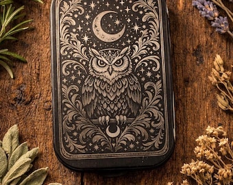 Engraved Tin with Mystical Owl and Moon Design, Gothic Keepsake Box