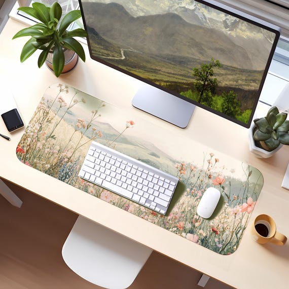 Cottagecore Desk Mat, Vintage Aesthetic, Pastel Muted Colors Keyboard Mat, Floral Nature Mousepad, Wildflower Botanical