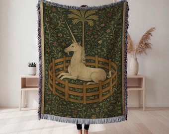 Mystical Unicorn Woven Blanket, Medieval Style Decorative Cover, Renaissance Home Decor, Vintage Fantasy Gift for Art Enthusiasts