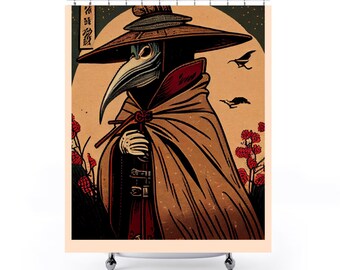 May include: A vintage-style illustration of a plague doctor wearing a long brown cloak and a wide-brimmed hat with a long beak. The image is set against a background of a full moon and stylized flowers.