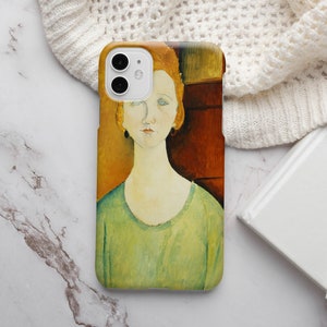 May include: A phone case featuring a painting of a woman with red hair wearing a green dress. The background is a brown and yellow abstract design.