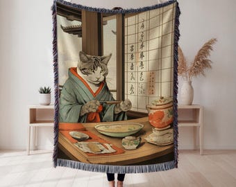 Cat woven blanket, Japanese kimono illustration, Ukiyo-e style décor, perfect gift for cat lovers, Japanese Decor, Japanese Art, Ukiyo-e