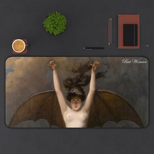 May include: A painting of a woman with bat wings, flying through the clouds. The woman has long brown hair and is wearing a white dress. The painting is titled "Bat Woman".