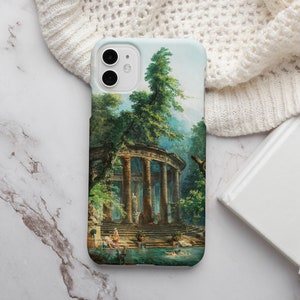 May include: A phone case with a painting of a classical building with columns and a green tree in front of it. The building is surrounded by water and there are people in the water. The phone case is white with a black camera lens.