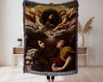 Manta tecida com querubins da Virgem Maria, manta religiosa com anjos, decoração católica para casa, estilo tapeçaria barroca, presente religioso.