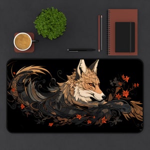 Fox Schreibtischunterlage Japanisches Mousepad Schwarz und Weiß, Japanische Ästhetische Gaming Schreibtischunterlage, XXL große Gaming Schreibtischunterlage Mauspad Bild 2