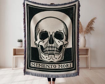 Manta tejida con calavera Memento Mori, tapiz de calavera, regalo para amantes de las calaveras, decoración oscura, decoración de pared gótica oscura, regalo de Halloween, tapiz de pared