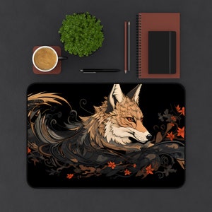 Fox Schreibtischunterlage Japanisches Mousepad Schwarz und Weiß, Japanische Ästhetische Gaming Schreibtischunterlage, XXL große Gaming Schreibtischunterlage Mauspad Bild 3