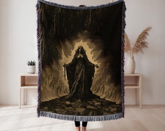 Manta de bruja de fantasía oscura, tapiz gótico atmosférico, decoración ocultista, regalo para fanáticos del terror, tapiz de pared, decoración del hogar