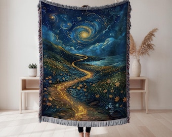 Starry Galaxy Landscape Woven Blanket, Cosmic Night Sky Tapestry Throw, Astronomy Home Decor, Art Lover Gift, Wall Tapestry, Home Decor