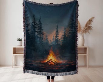 Manta tejida para fogata, tapiz de bosque nocturno atmosférico, decoración de cabaña para amantes de la naturaleza, regalo de aventura, tapiz de pared, decoración del hogar