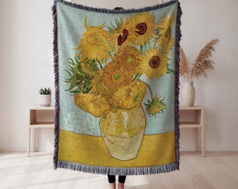 vävd filt med solrosor, Vincent van Gogh-filt med solrosor, blommig gobelängpläd, ljusgul solrosdekor, Cottagecore-gobeläng