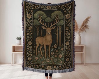 Rustic Cottage Deer Woven Throw Blanket, Vintage Floral Nature, Home Decor, Housewarming Gift for Deer Lovers and Hunters, Wall Tapestry