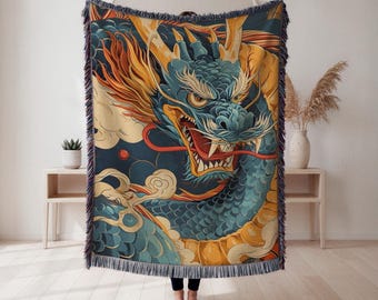 Dragon woven blanket, Japanese style art, home décor accent, unique gift, Japanese Decor, Japanese Art, Japanese Gift, Ukiyo-e, Home Decor