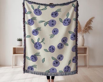 Blueberry Woven Blanket, botanical fruit pattern tapestry throw, kitchen decor, housewarming gift, Wall Tapestry, Home Decor, Art Blanket
