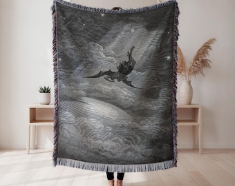 Geweven Gustave Doré deken, gravurekunst vallende demon, gotische inrichting, donker fantasiecadeau, wandtapijt, woondecoratie, kunstdeken
