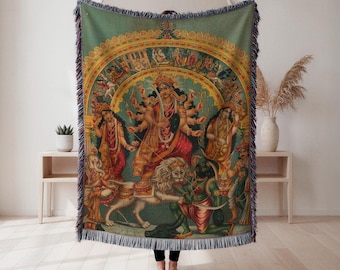 Shri Shri Durga met Mahisha Trisula Lakshmi Saraswati (1890), Durga geweven deken, hindoeïstische godin mythologische kunst, spiritueel cadeau