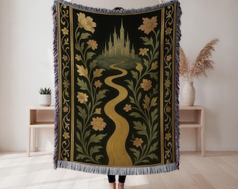 Wizard of Oz woven blanket, vibrant yellow brick road design, cozy home decor throw, vintage style gift for Oz fans, colorful wall accent