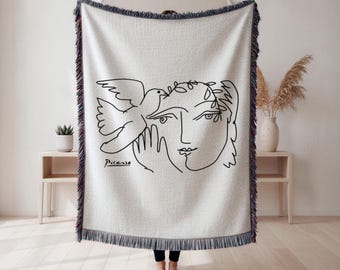 Manta tejida con arte lineal de Picasso, rostro abstracto con paloma, manta de arte moderno, decoración acogedora para el hogar, regalo para amantes del arte, tapiz de pared, decoración del hogar